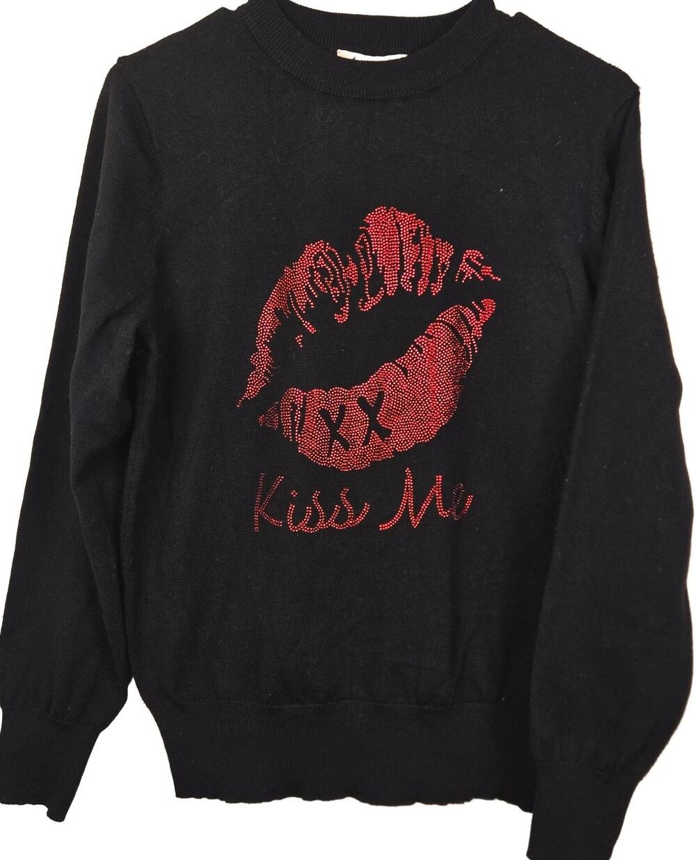 Nanette Lepore KISS ME Sweater M Black Red Rhinestone Lips GLAM SPARKLE MSP $68
